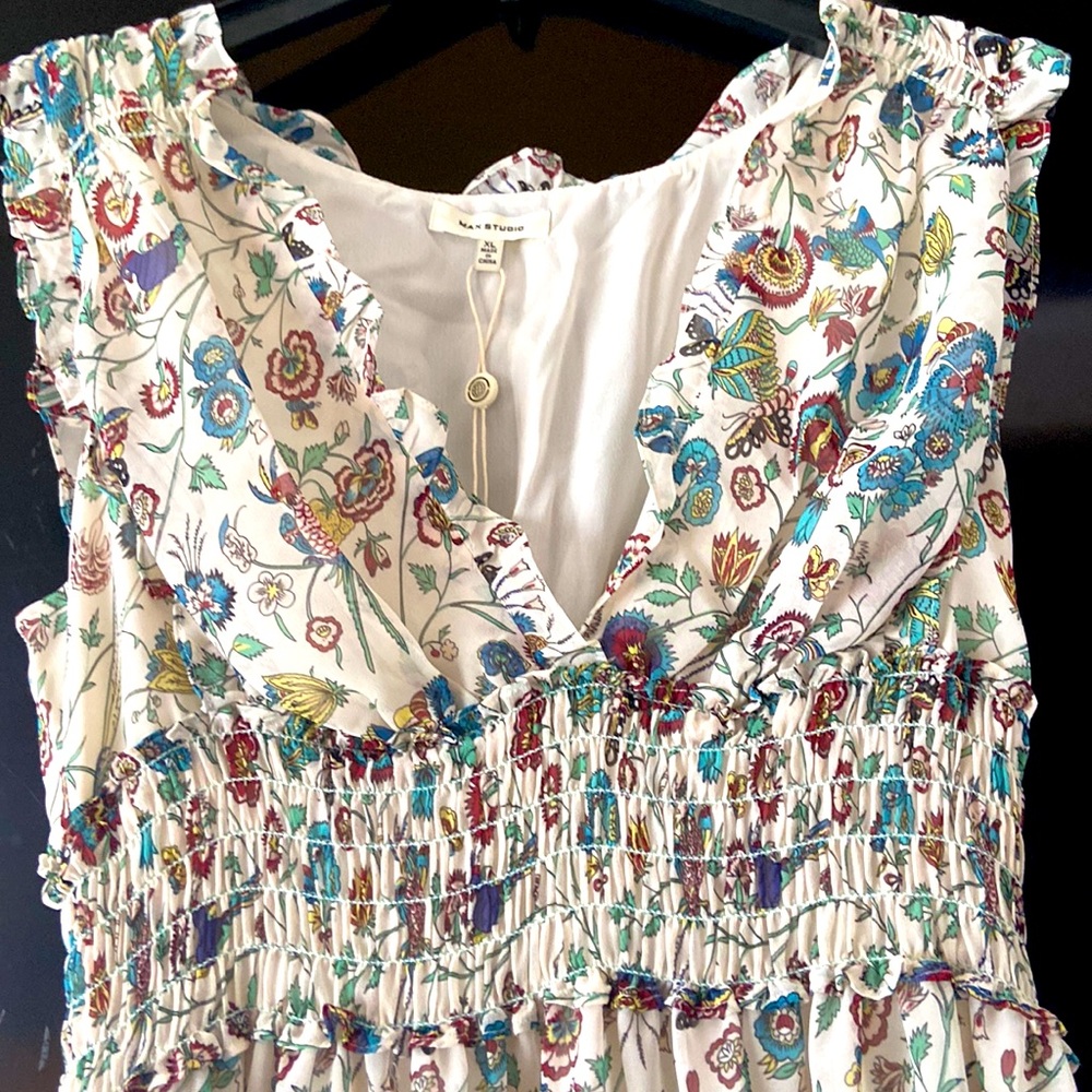 MAX STUDIO FLORAL SLEEVELESS V-NECK SMOCK COTTAGECORE EMPIRE MAXI DRESS